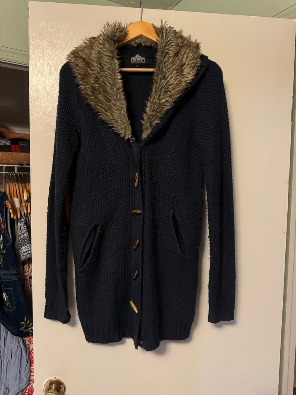 Angie Navy Knit Hooded Cardigan with Faux-Fur Trim